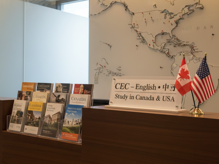A polished information counter for an international education consulting center, featuring a dark wood reception desk with a smooth matte finish, neatly arranged brochures about Canadian and American schools in a clear acrylic stand, and a prominent trilingual sign reading “CEC – English • 中文 • Study in Canada & USA”. Behind the desk, a wall map of North America and China is pinned with tiny red markers indicating partner schools. A small Canadian flag and US flag on metal bases stand side by side on the counter. Warm, diffused overhead lighting and soft side light from a frosted glass panel create a professional, trustworthy atmosphere. Photographic realism, shot from a slightly elevated front angle, balanced composition with sharp focus throughout, conveying reliability and global orientation without showing any people.